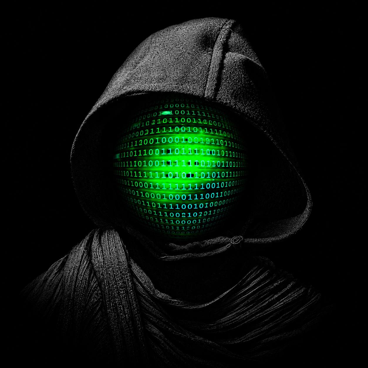 Full-figure render of the $ANON hooded mascot with binary rain